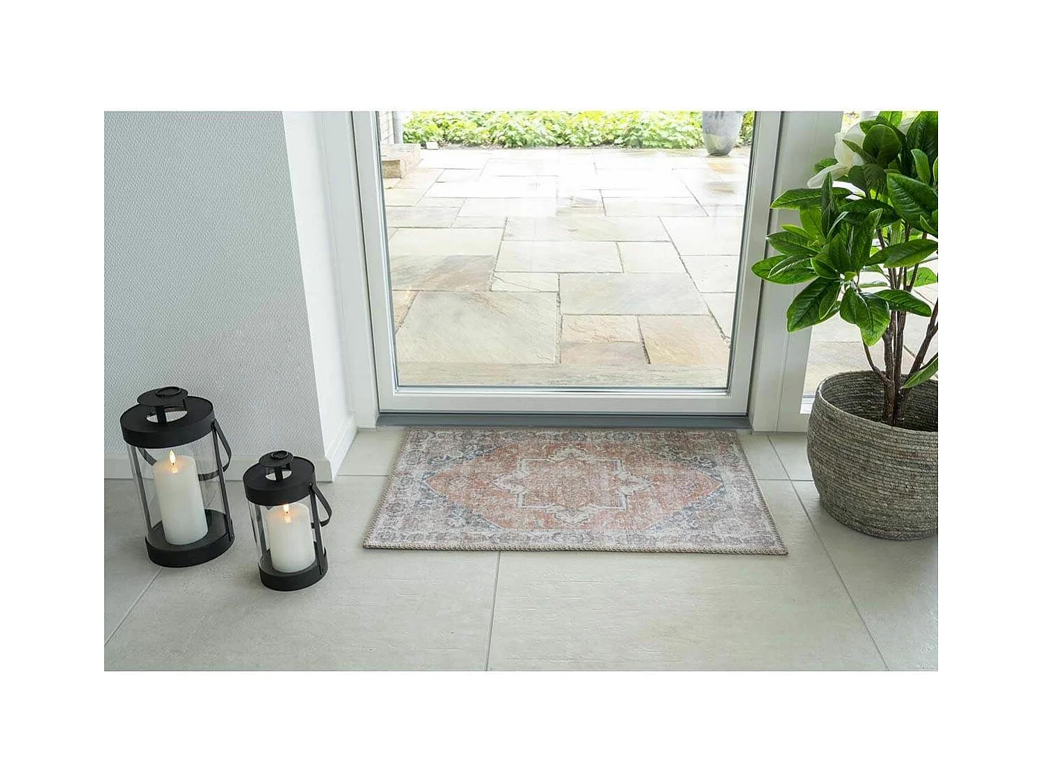 COLABA - Tapis d'Entrée 50x80cm avec Motifs Orange et Bleu