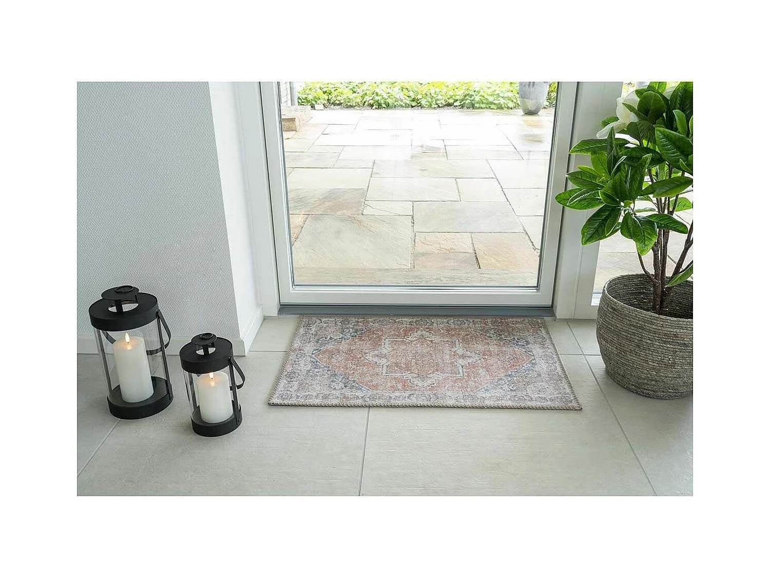 COLABA - Tapis d'Entrée 50x80cm avec Motifs Orange et Bleu