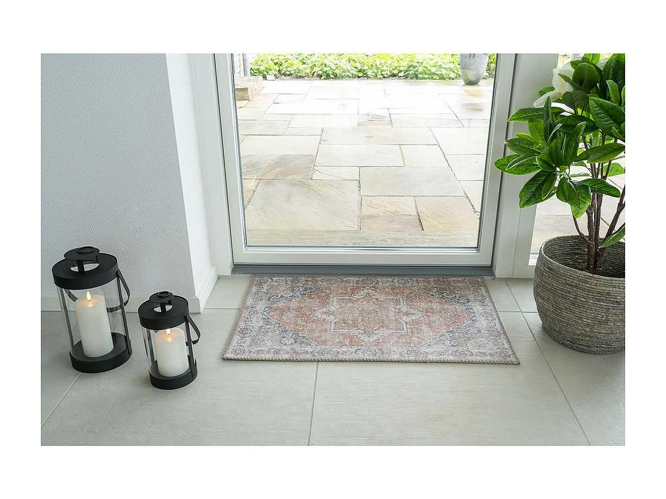 COLABA - Tapis d'Entrée 50x80cm avec Motifs Orange et Bleu