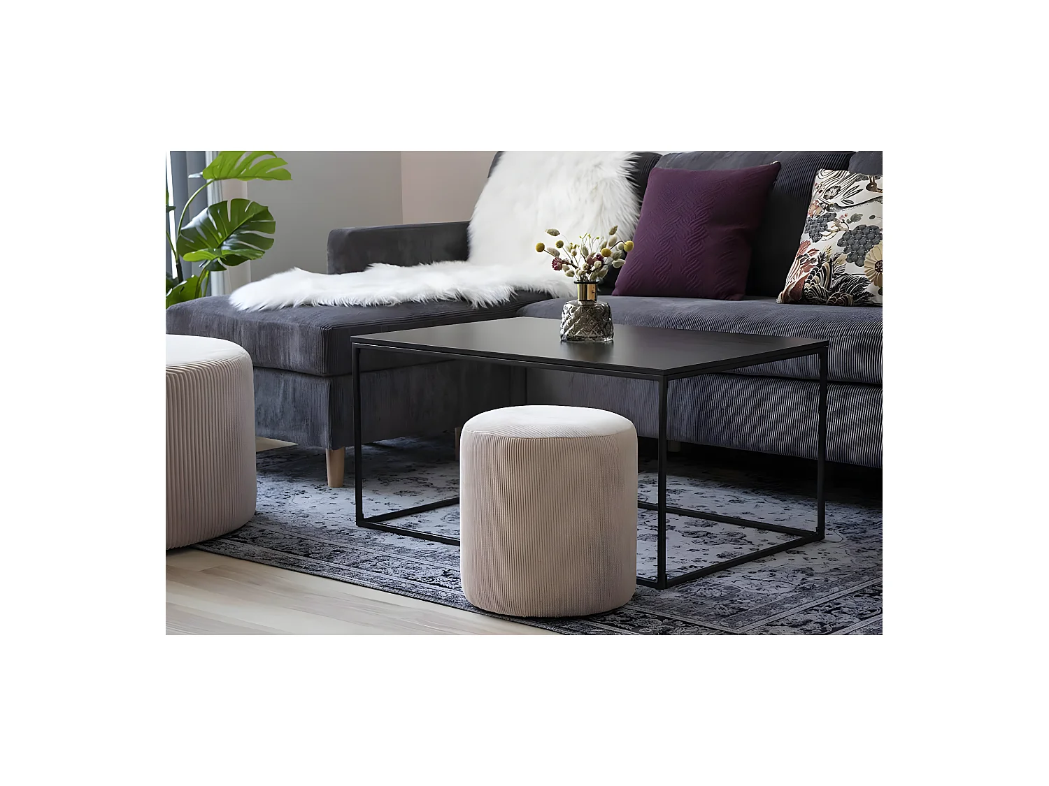 COLABA - Tapis Blanc 200x300cm avec Motifs Noir