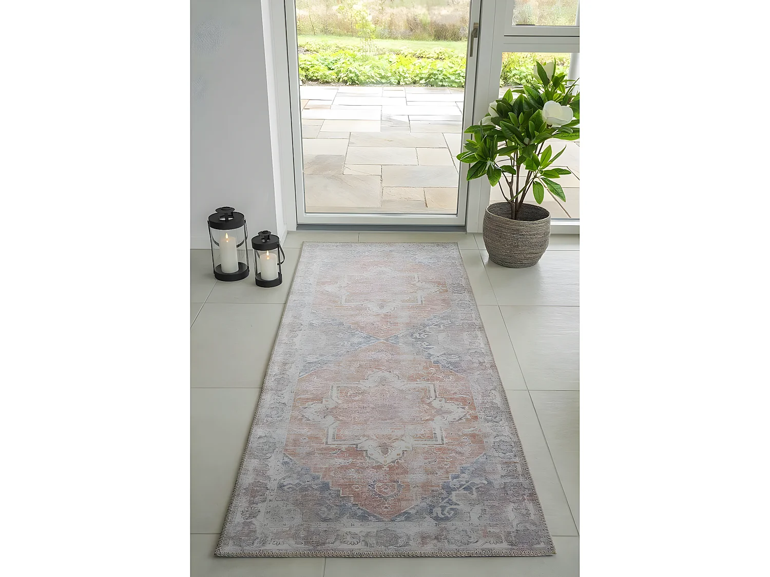 COLABA - Tapis de Couloir 80x200cm avec Motifs Orange et Bleu