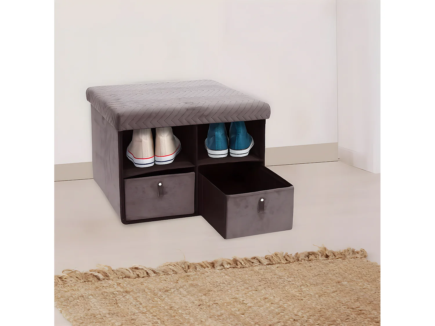 FLOY - Banc Pliable Velours Gris Clair Avec Tiroirs