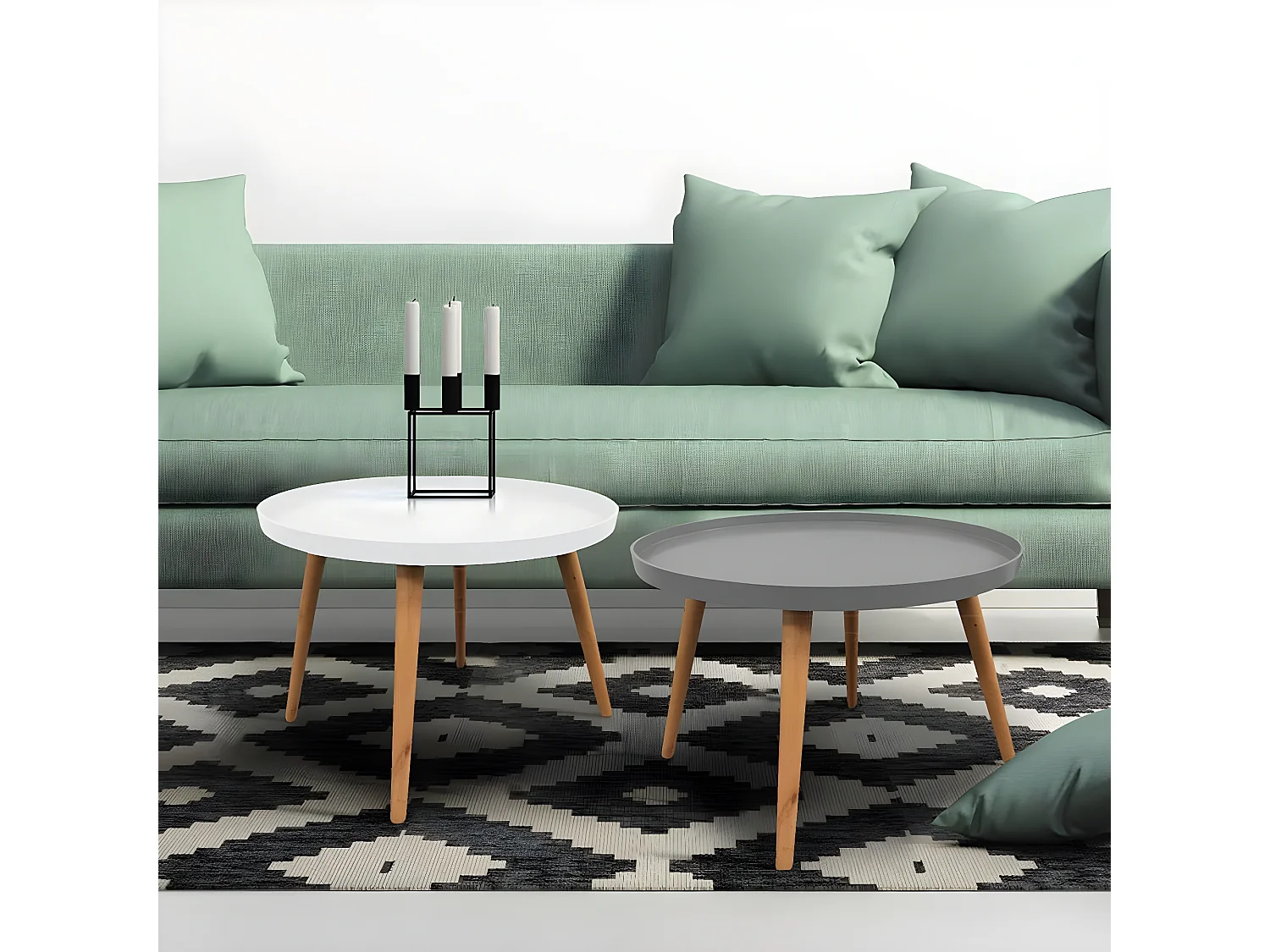 SAHN - Table d'Appoint Ronde Grise et Pieds Bois Massif