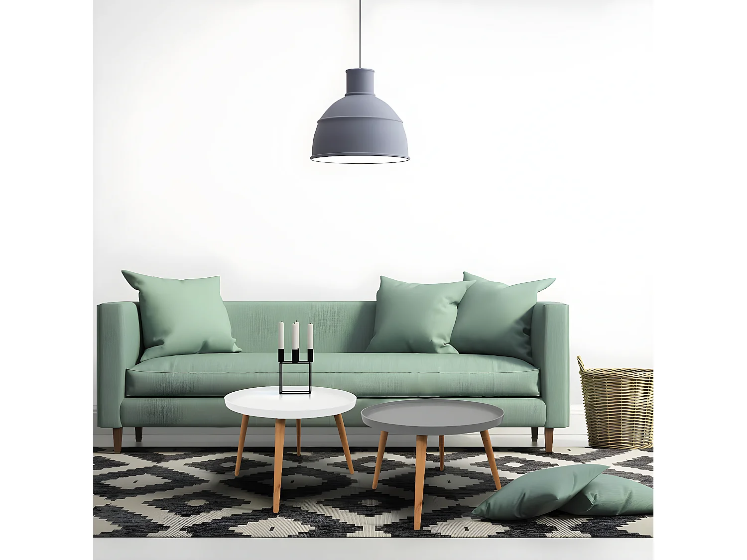 SAHN - Table d'Appoint Ronde Grise et Pieds Bois Massif