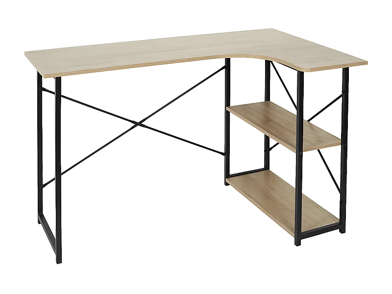 BIWO - Bureau d'Angle Noir et Naturel avec 2 Tablettes