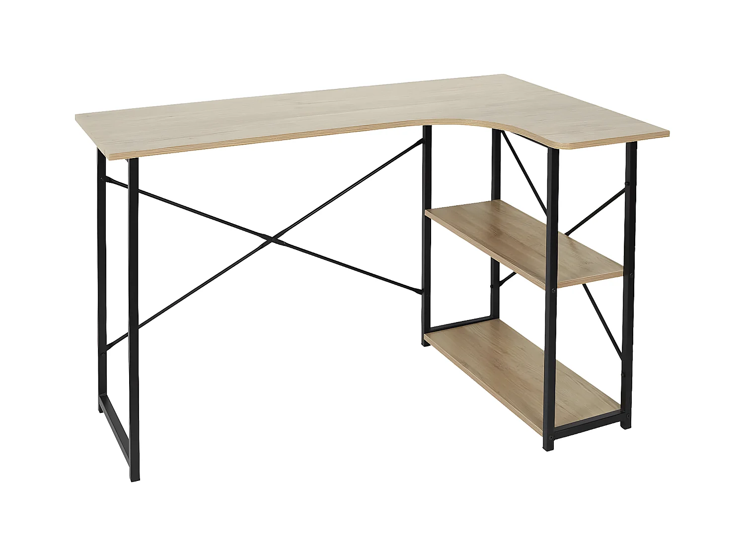 BIWO - Bureau d'Angle Noir et Naturel avec 2 Tablettes