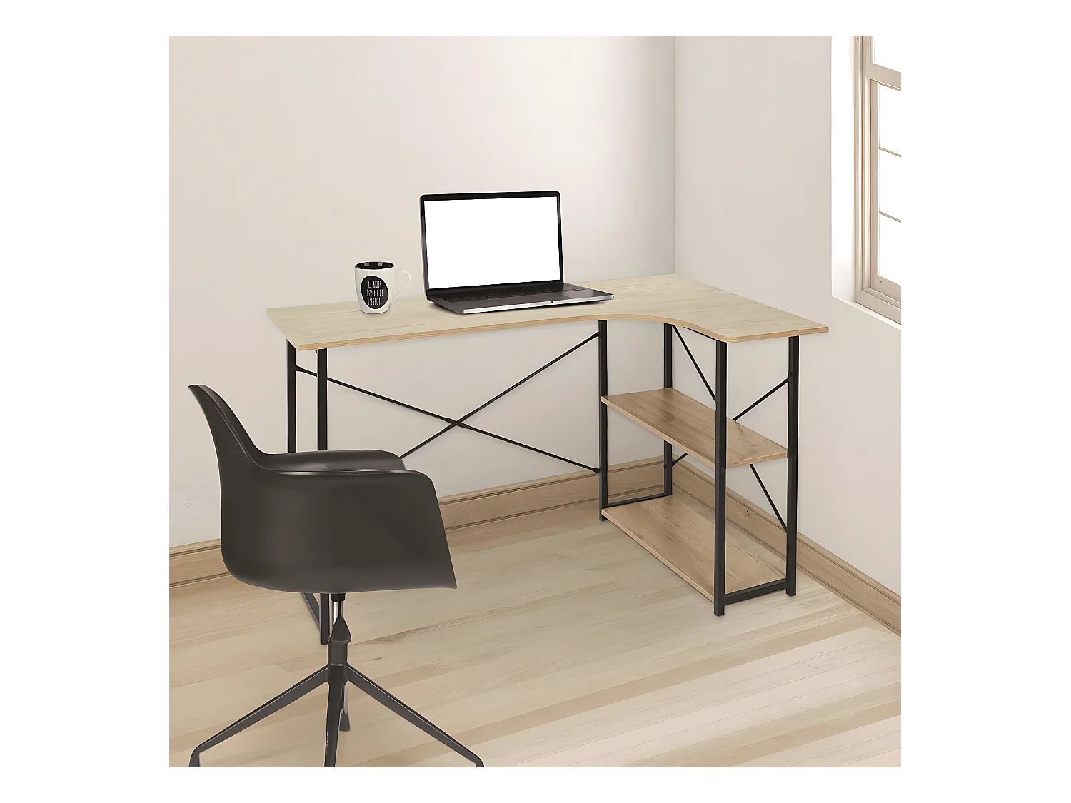 BIWO - Bureau d'Angle Noir et Naturel avec 2 Tablettes