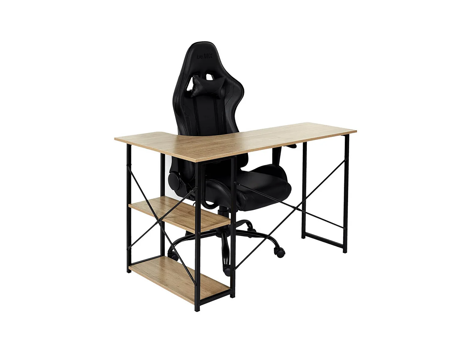BIWO - Bureau d'Angle Noir et Naturel avec 2 Tablettes