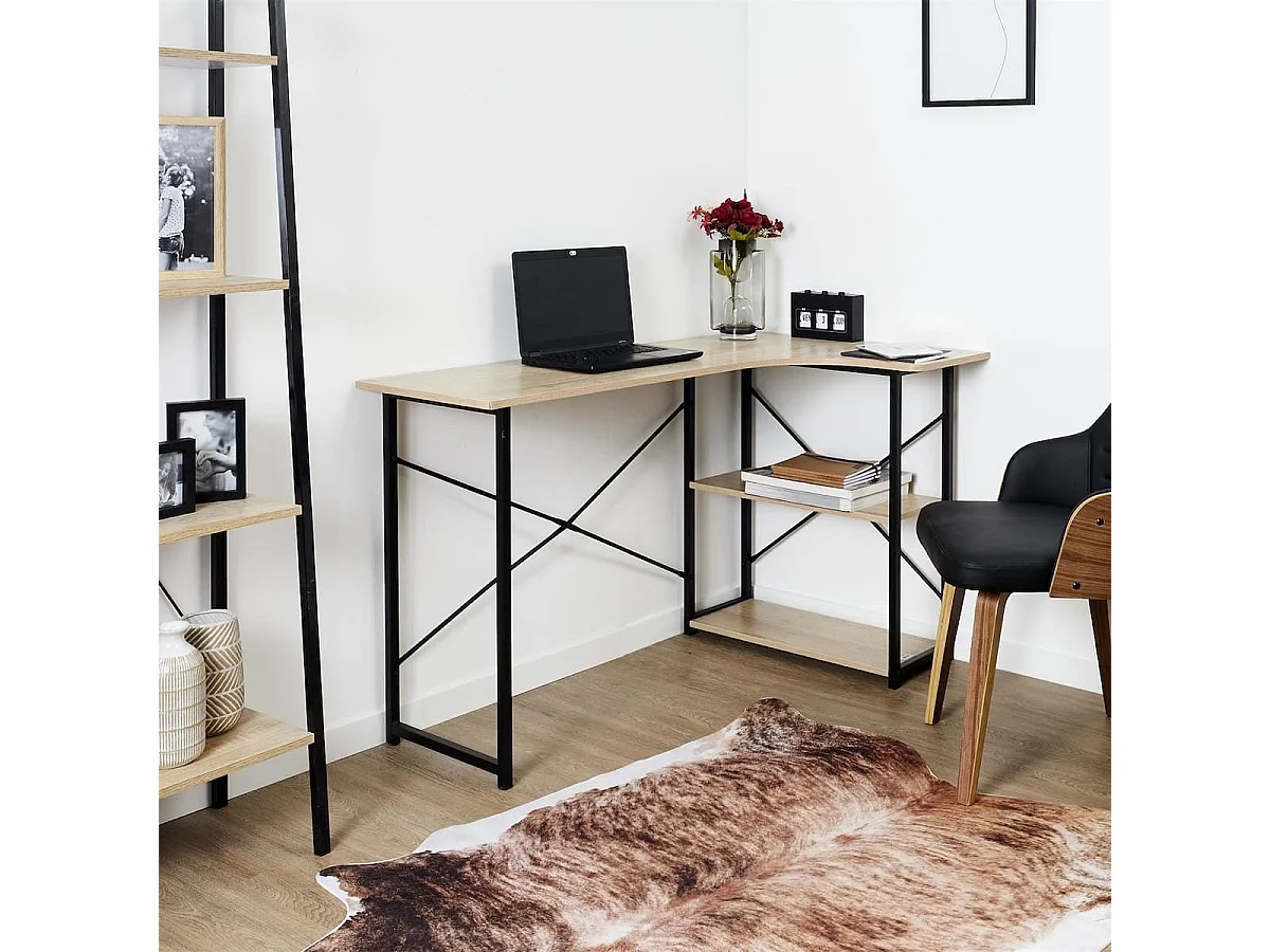 BIWO - Bureau d'Angle Noir et Naturel avec 2 Tablettes