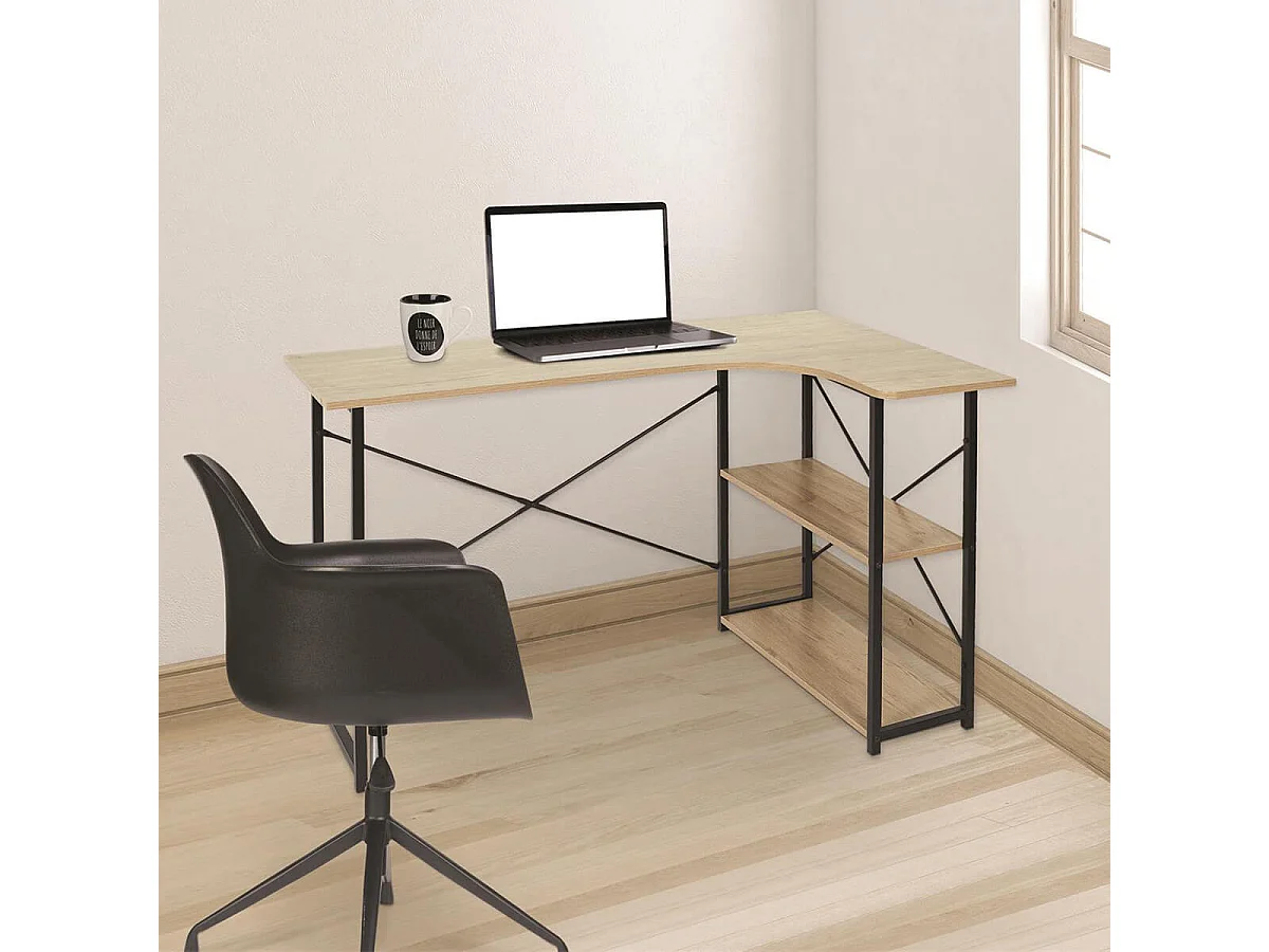 BIWO - Bureau d'Angle Noir et Naturel avec 2 Tablettes