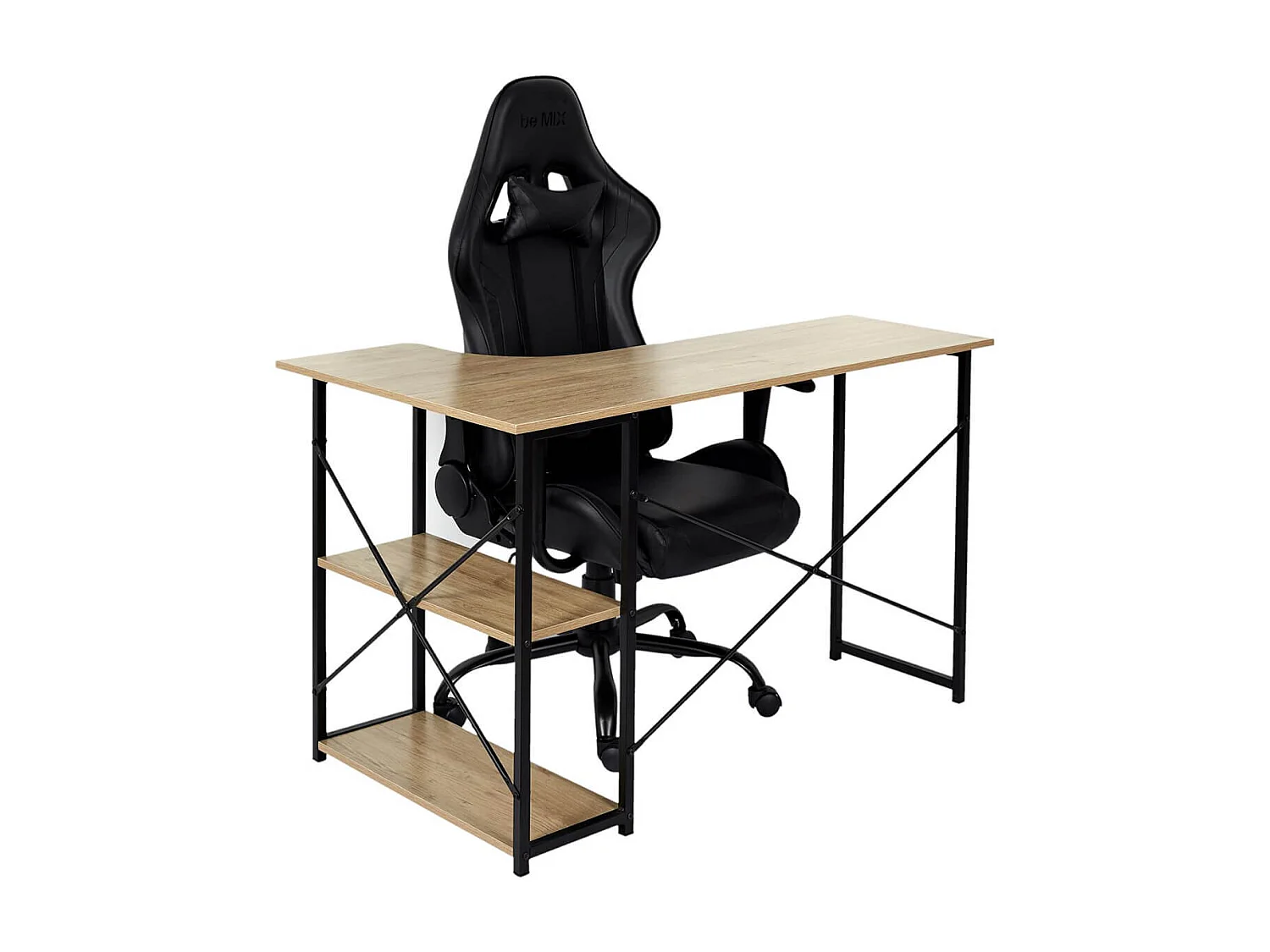 BIWO - Bureau d'Angle Noir et Naturel avec 2 Tablettes