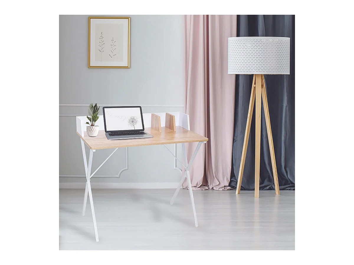 BADIE - Bureau Plateau Effet Bois et Piètement Blanc