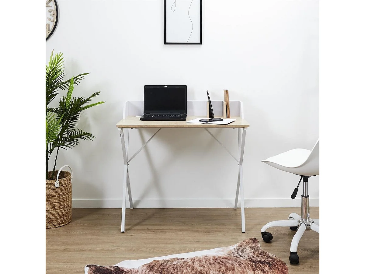 BADIE - Bureau Plateau Effet Bois et Piètement Blanc