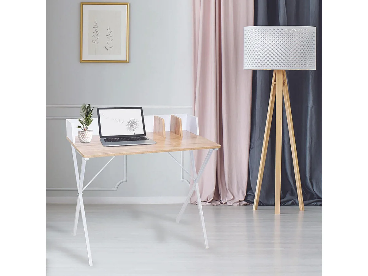 BADIE - Bureau Plateau Effet Bois et Piètement Blanc