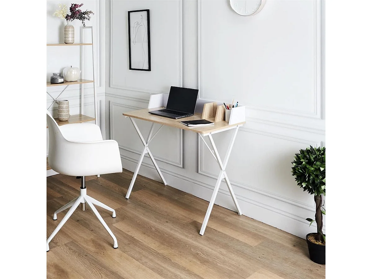 BADIE - Bureau Plateau Effet Bois et Piètement Blanc