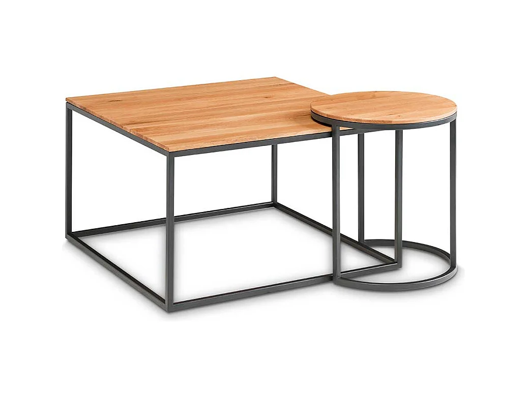 Designercouchtisch Set aus Asteiche Massivholz Metall (zweiteilig)
