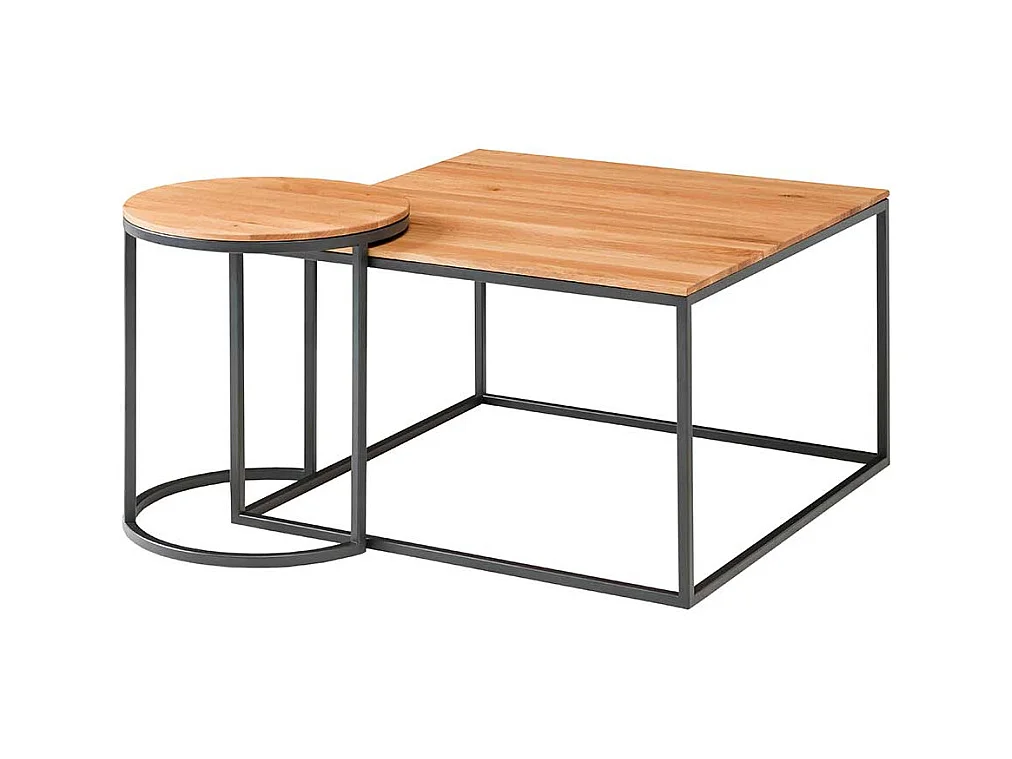 Designercouchtisch Set aus Asteiche Massivholz Metall (zweiteilig)