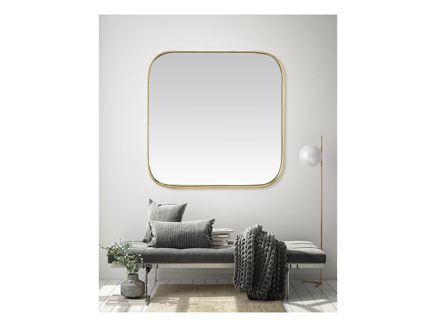 Miroir carré aux bords arrondis en métal doré 120x120cm
