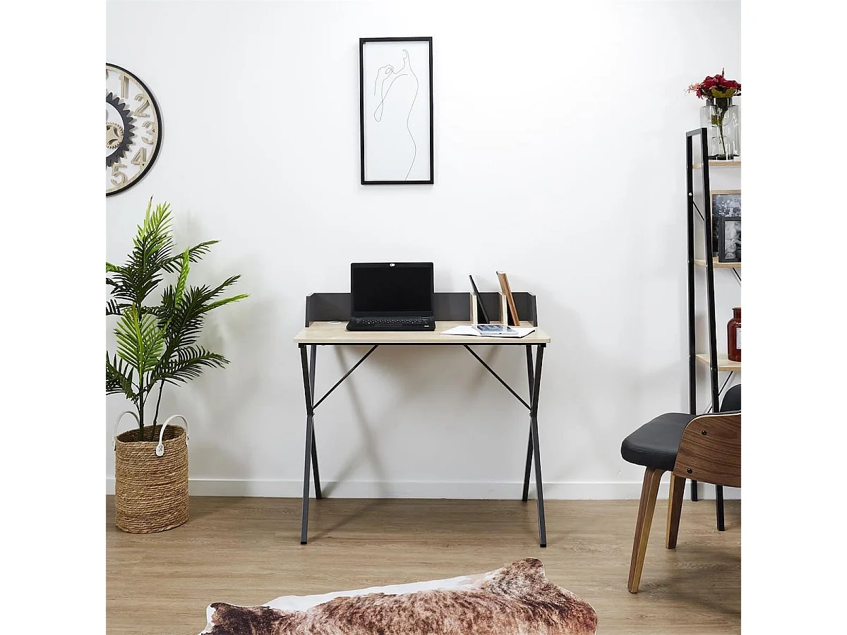 BADIE - Bureau Plateau Effet Bois et Piètement Gris Foncé