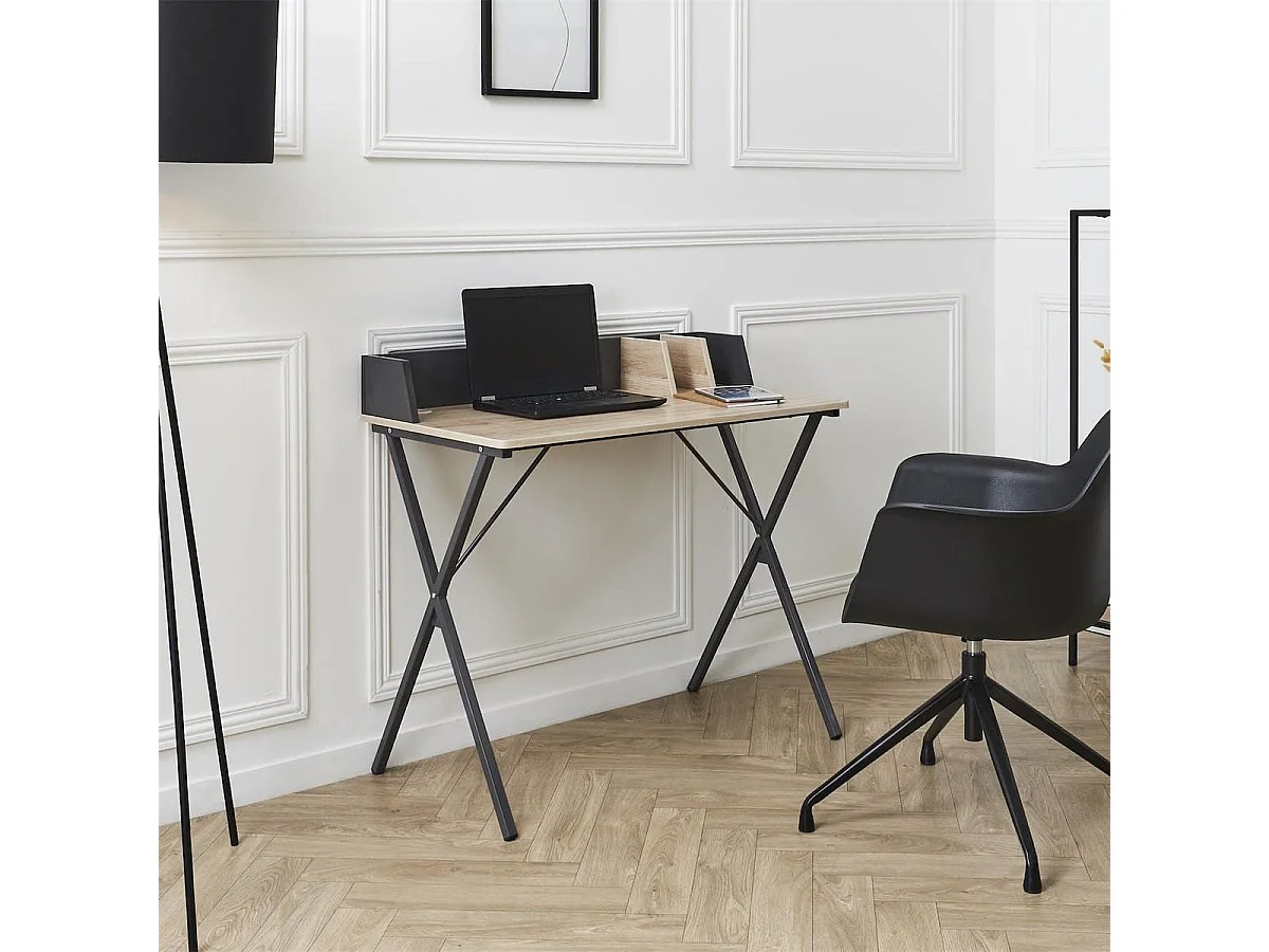 BADIE - Bureau Plateau Effet Bois et Piètement Gris Foncé