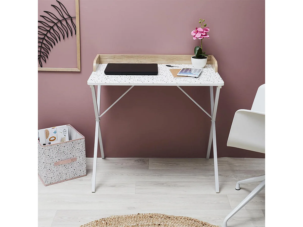 PINTO - Bureau Blanc Motifs Eclats Rebord Effet Bois