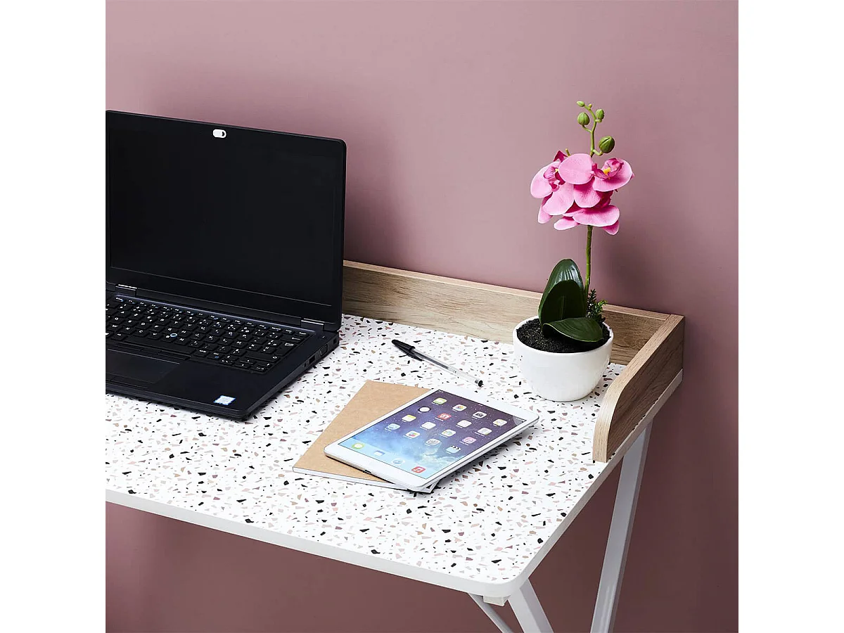 PINTO - Bureau Blanc Motifs Eclats Rebord Effet Bois