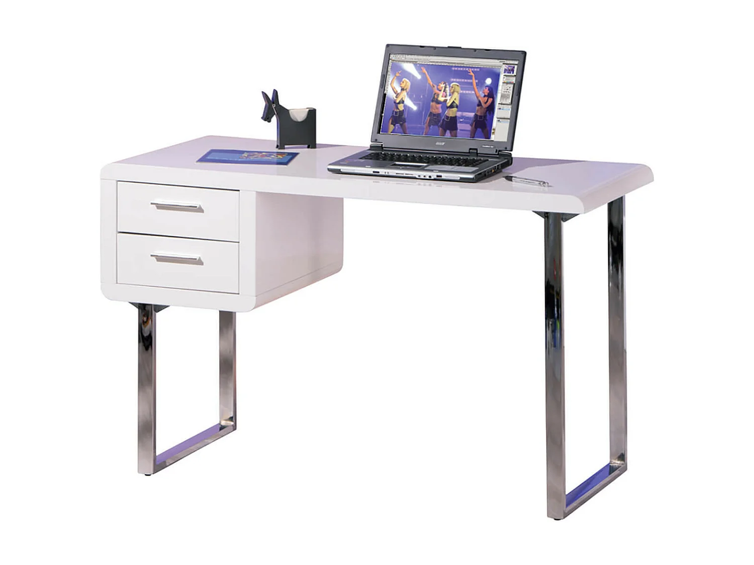 DRUSUS - Bureau Blanc 2 Tiroirs et Piétement Chromé