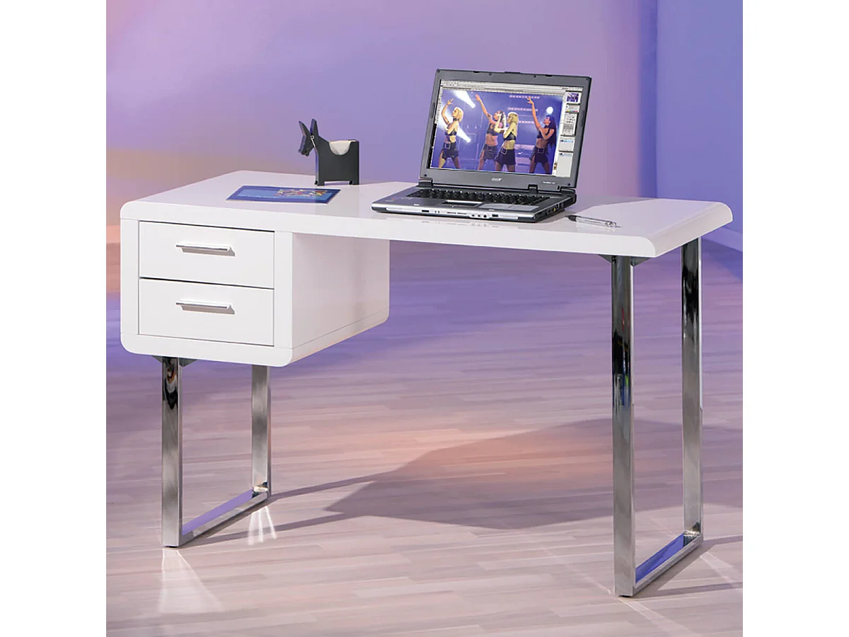DRUSUS - Bureau Blanc 2 Tiroirs et Piétement Chromé