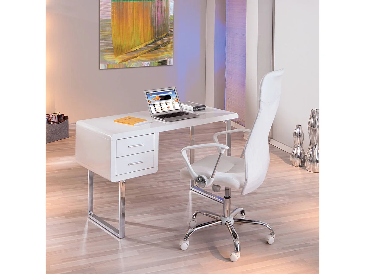 DRUSUS - Bureau Blanc 2 Tiroirs et Piétement Chromé