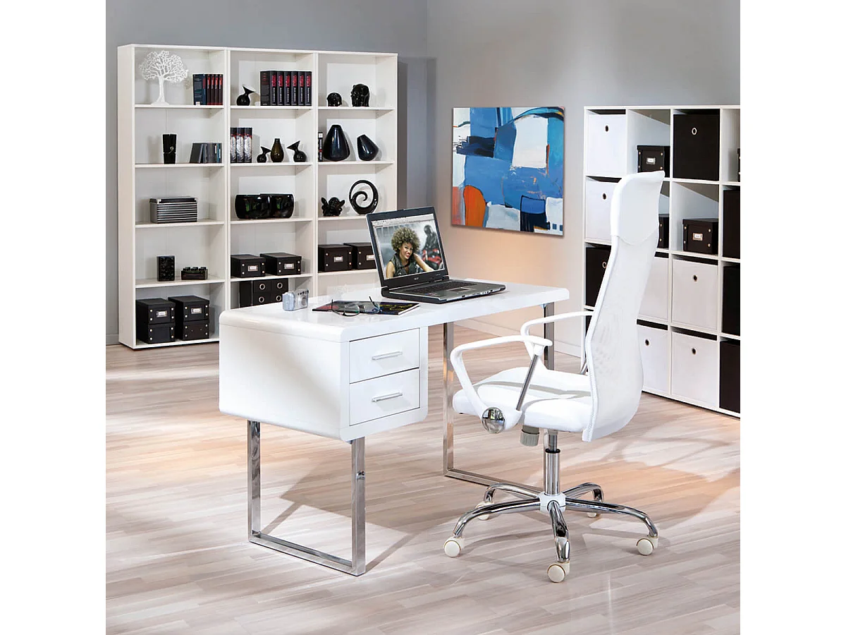 DRUSUS - Bureau Blanc 2 Tiroirs et Piétement Chromé