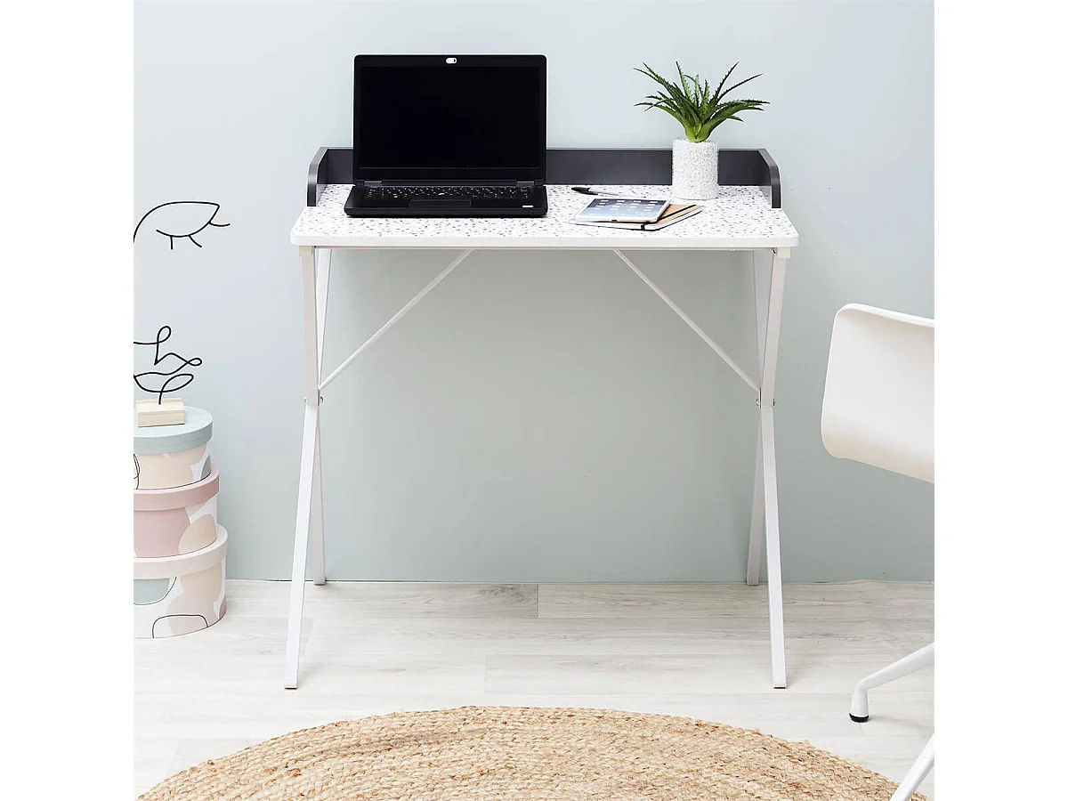 PINTO - Bureau Blanc Motifs Eclats Rebord Noir