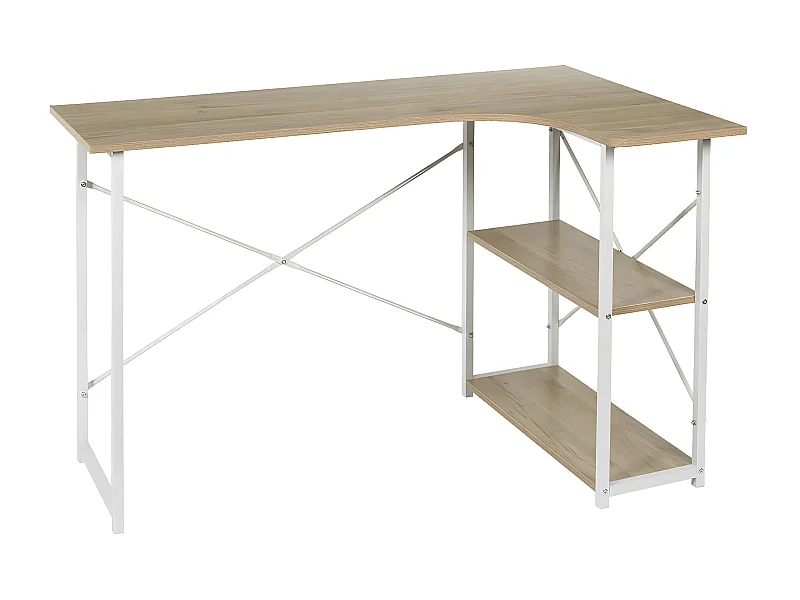 BIWO - Bureau d'Angle Blanc et Naturel avec 2 Tablettes