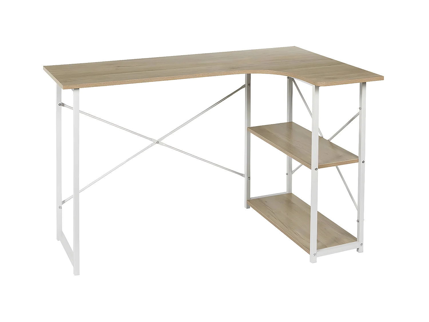 BIWO - Bureau d'Angle Blanc et Naturel avec 2 Tablettes