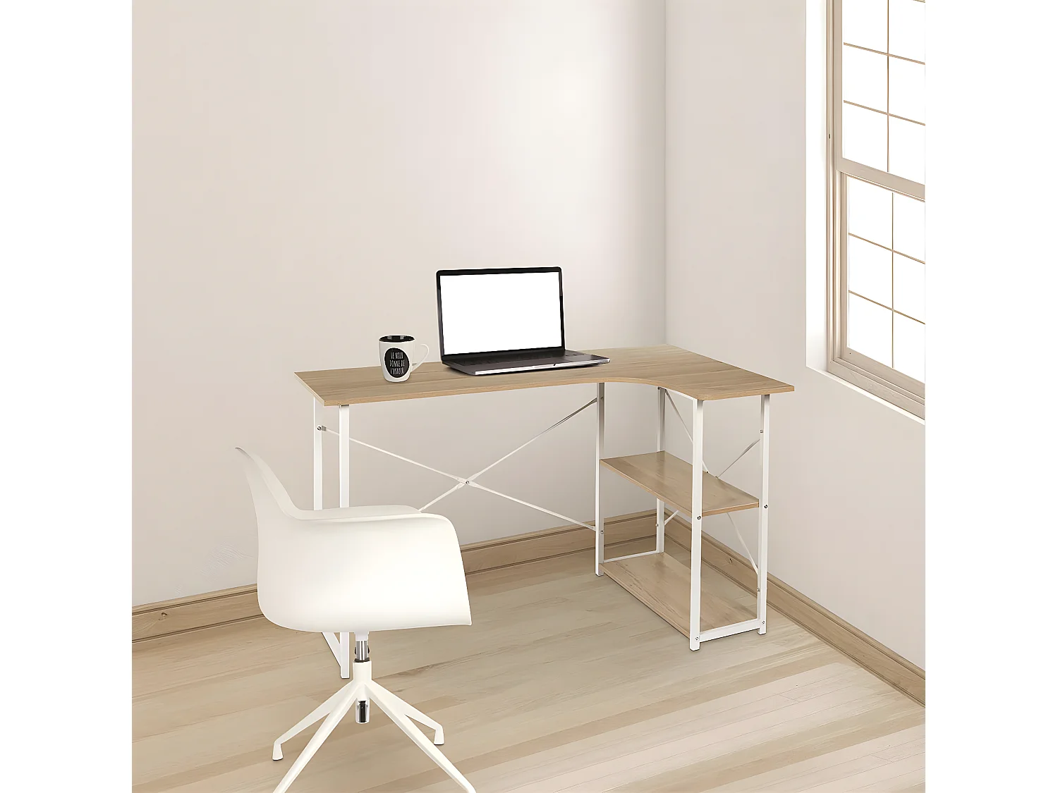 BIWO - Bureau d'Angle Blanc et Naturel avec 2 Tablettes