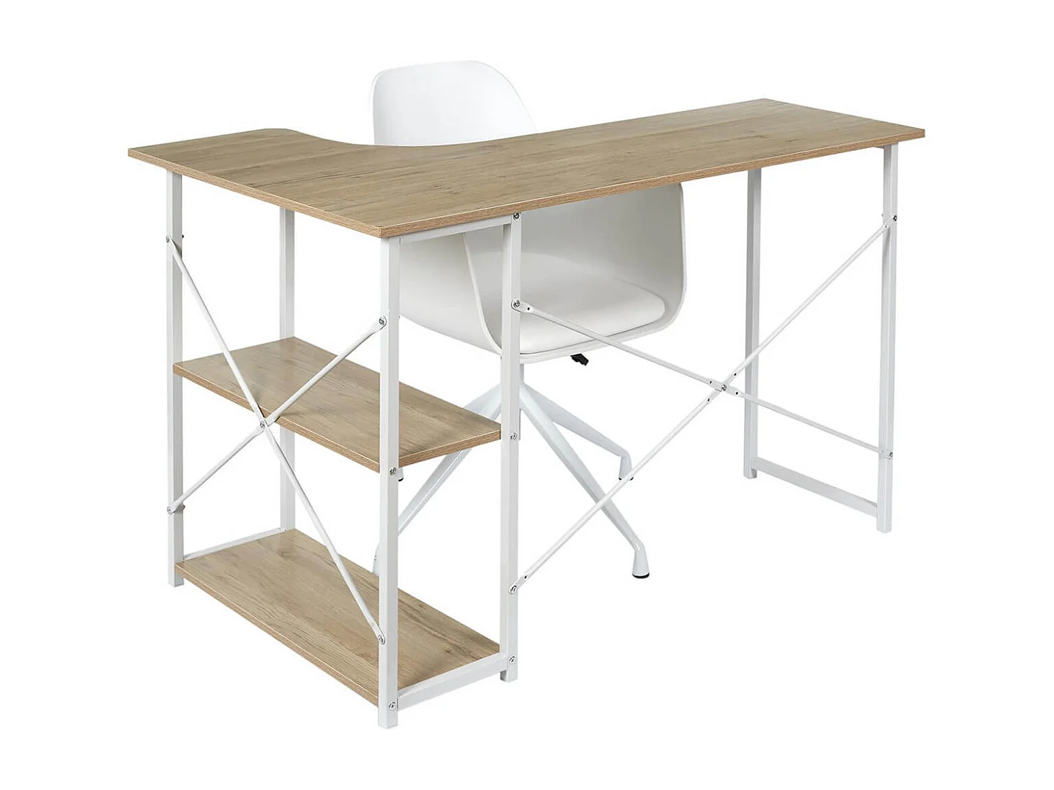 BIWO - Bureau d'Angle Blanc et Naturel avec 2 Tablettes