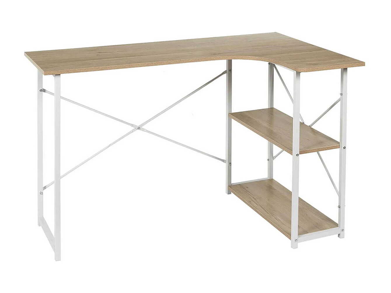 BIWO - Bureau d'Angle Blanc et Naturel avec 2 Tablettes