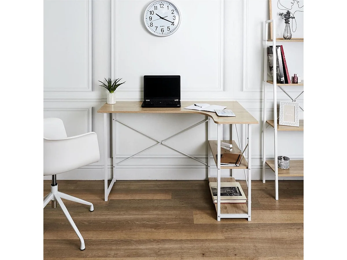 BIWO - Bureau d'Angle Blanc et Naturel avec 2 Tablettes