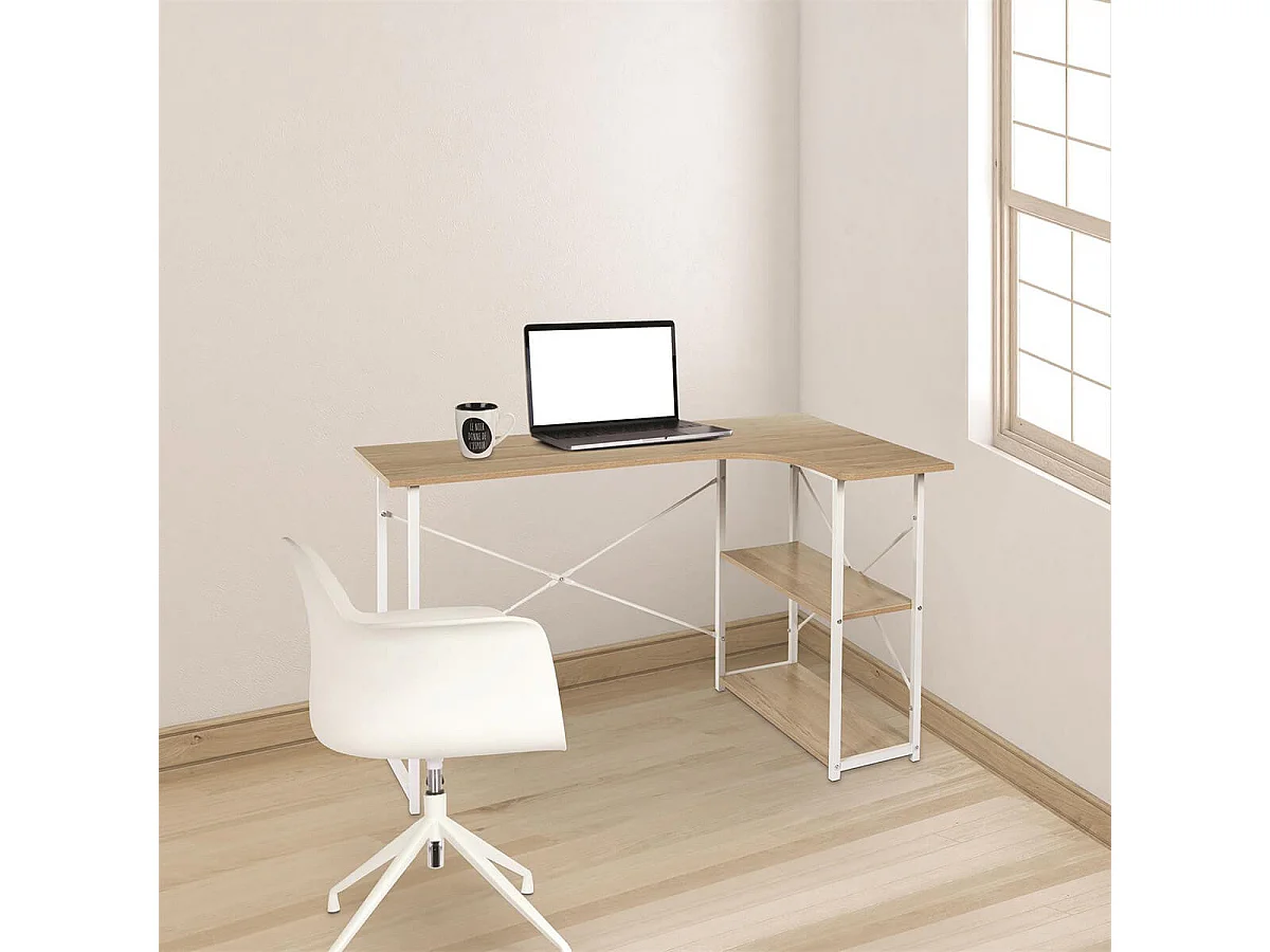 BIWO - Bureau d'Angle Blanc et Naturel avec 2 Tablettes