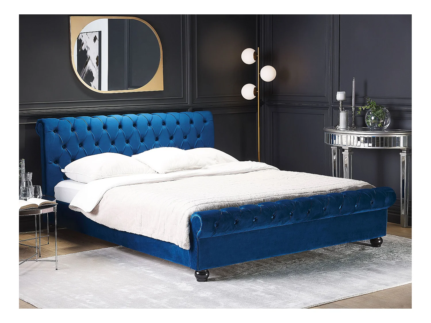 Lit avec sommier Velours AVALLON 160 x 200 cm Bleu marine