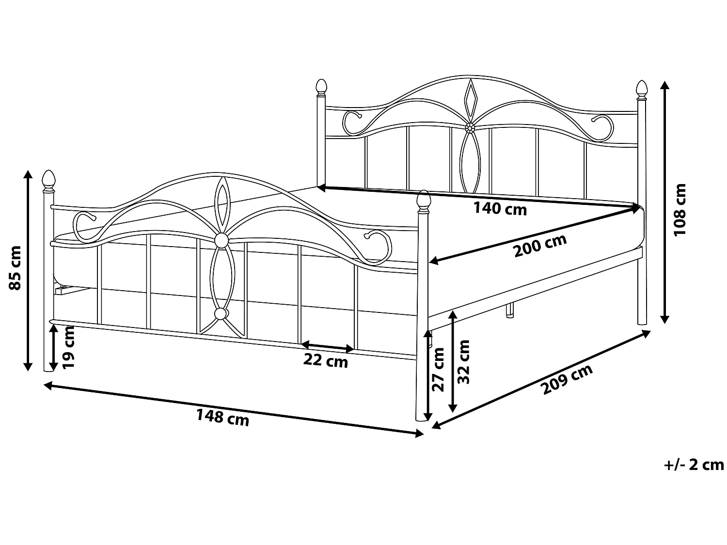 Romantisches Doppelbett Weiß Metall mit Kopfteil Lattenrost 140x200 cm Antlia