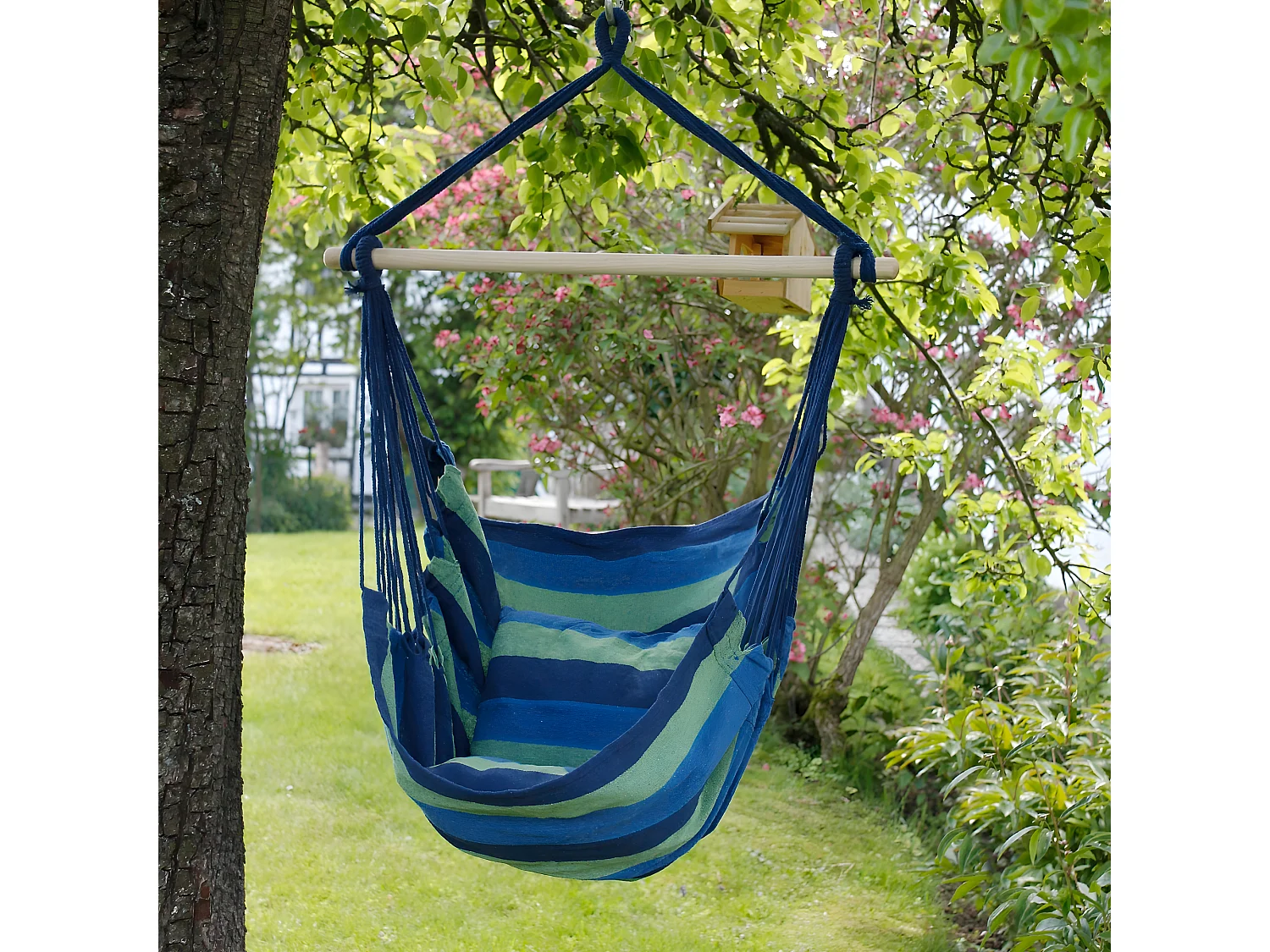 Amaca sospesa, seggiolino da giardino in cotone blu/verde 120cm ECD Germany