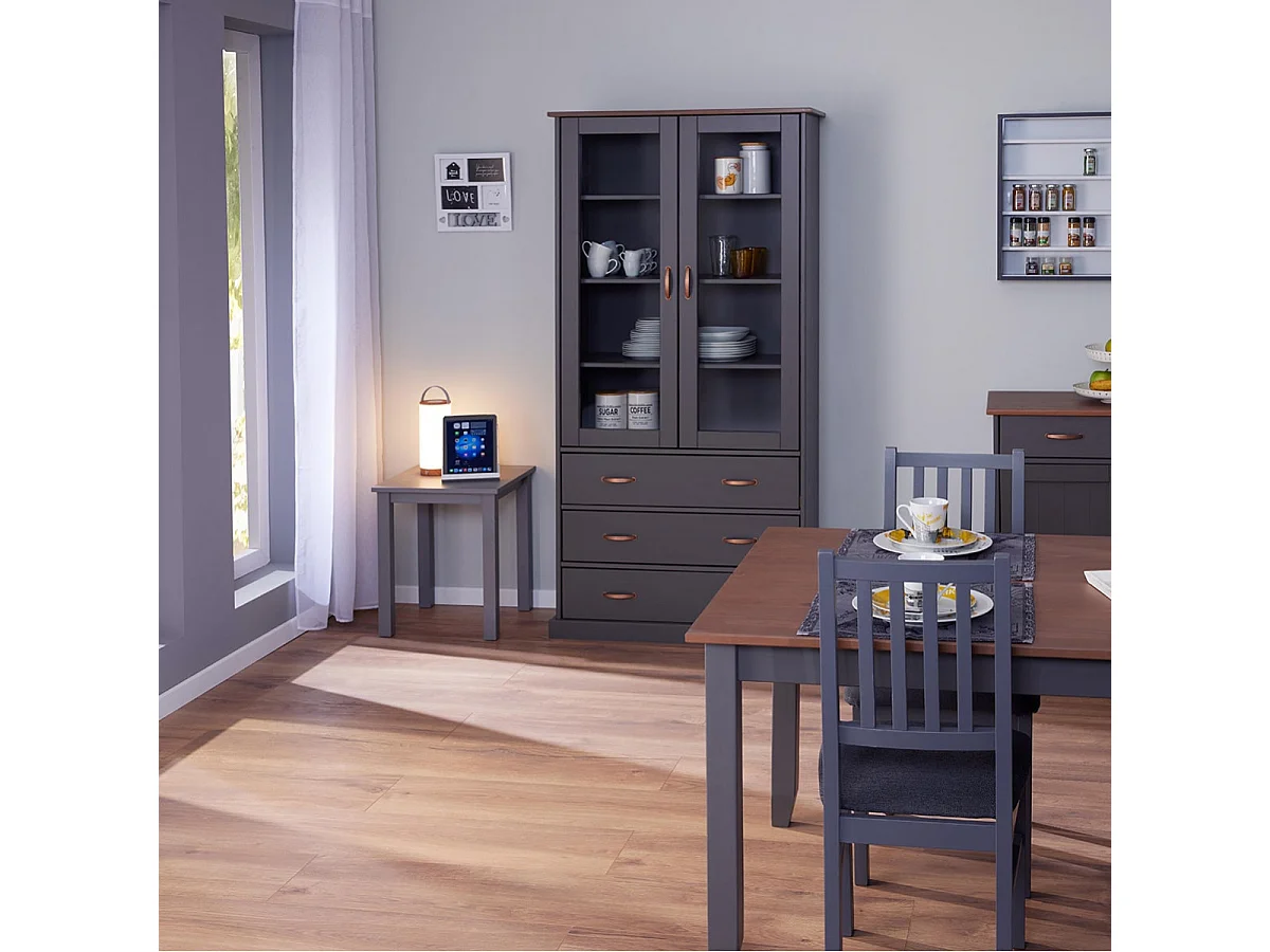 MELINA - Vitrine 2 Portes 3 Tiroirs en MDF Laqué Gris Foncé