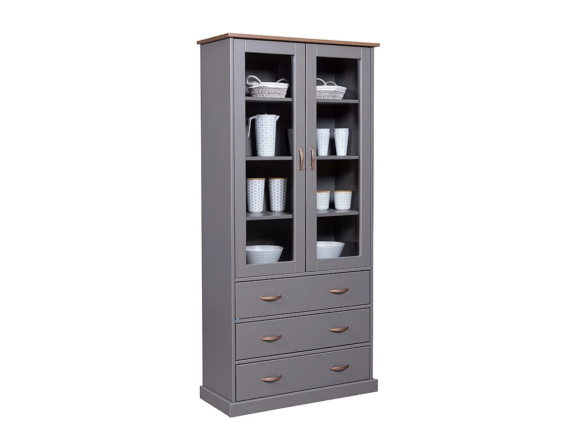 MELINA - Vitrine 2 Portes 3 Tiroirs en MDF Laqué Gris Foncé