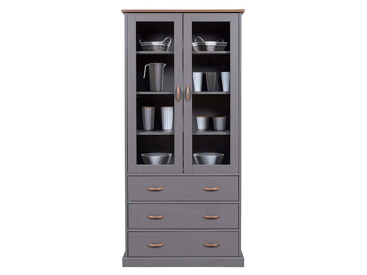 MELINA - Vitrine 2 Portes 3 Tiroirs en MDF Laqué Gris Foncé