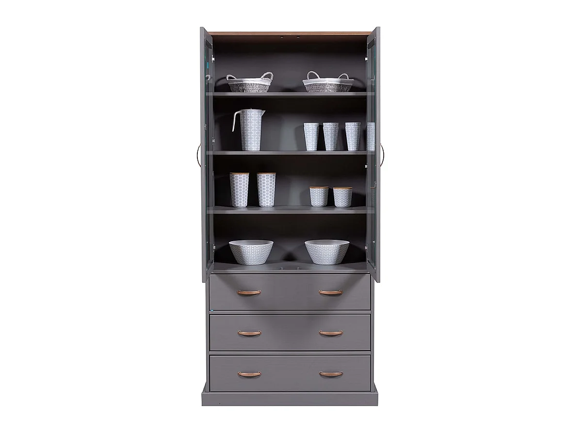 MELINA - Vitrine 2 Portes 3 Tiroirs en MDF Laqué Gris Foncé