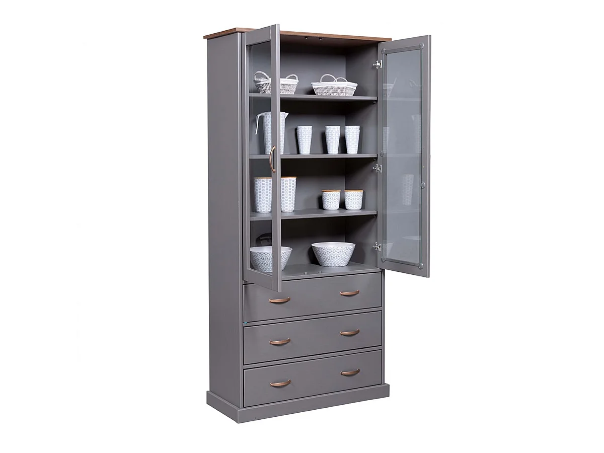 MELINA - Vitrine 2 Portes 3 Tiroirs en MDF Laqué Gris Foncé