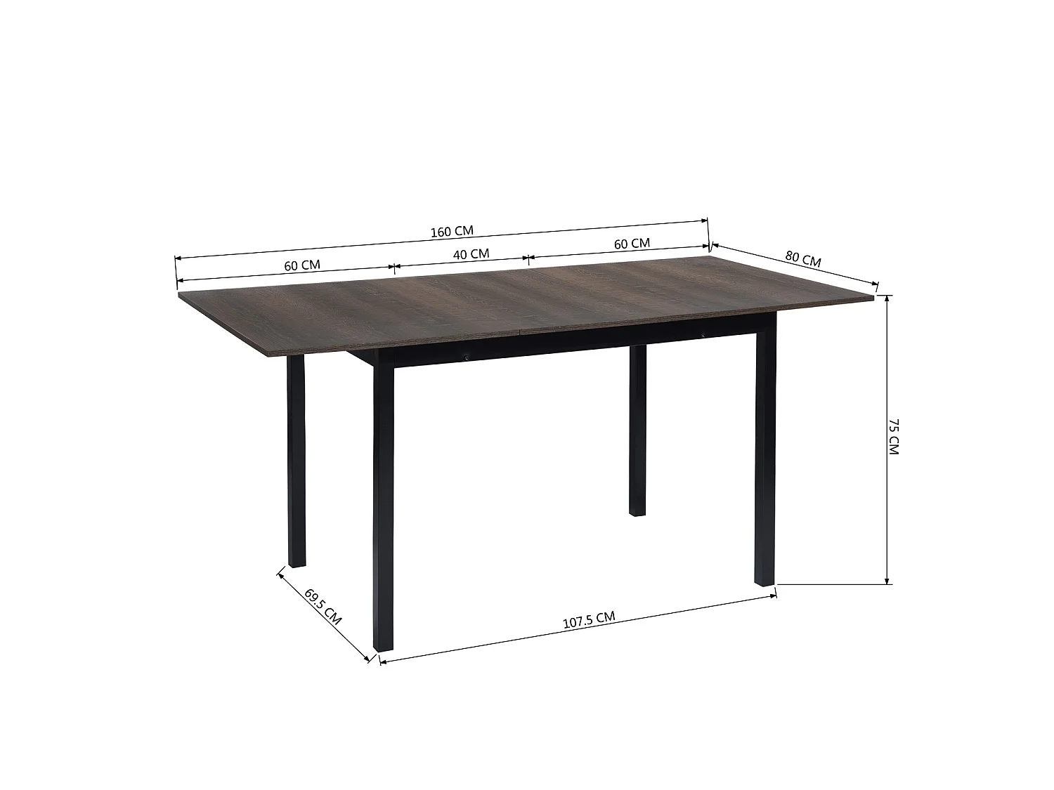 Table Salle à Manger Extensible Style Industriel 4 a 6 Personnes pour Salon Cuisine, Cadre Métallique Robuste, Noir, 120-160x80x75cm