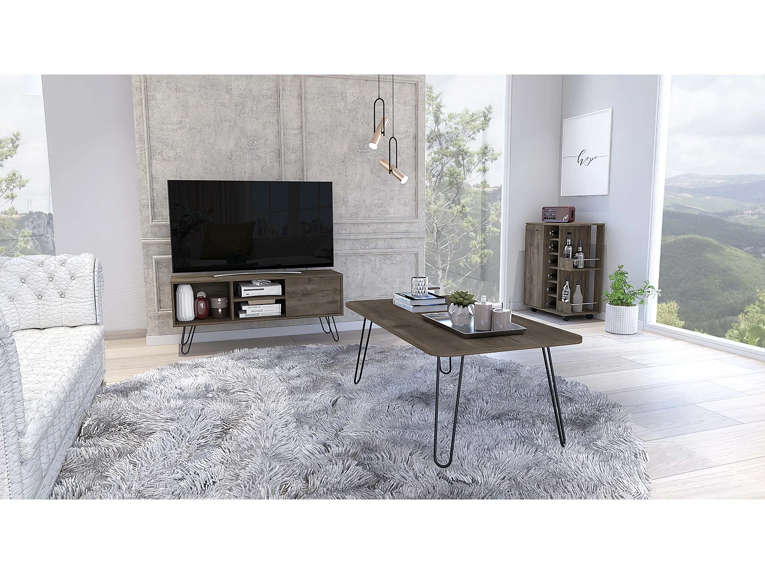 Conjunto Andorra, Mueble Para Tv Z115, capacidad Tv de 50 pulgadas+ Mesa de centro rectangular + Mueble de Mueble de Bar Bajo con gabinete abierto