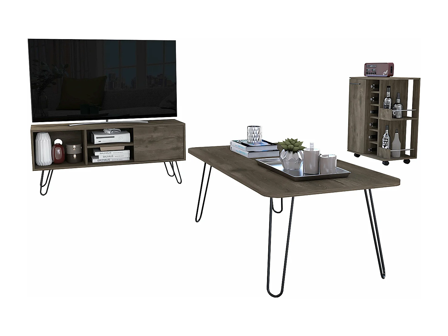 Conjunto Andorra, Mueble Para Tv Z115, capacidad Tv de 50 pulgadas+ Mesa de centro rectangular + Mueble de Mueble de Bar Bajo con gabinete abierto
