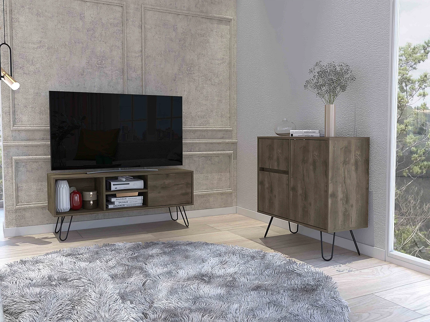 Ensemble Andorra, meubles TV Z115 Andorra, 50 pouces de télévision + Z80 Andorra Salon Sceau avec 4 armoires, 50/80 à CM x 115/80 AN CM X 35/35 P CM, ACORN